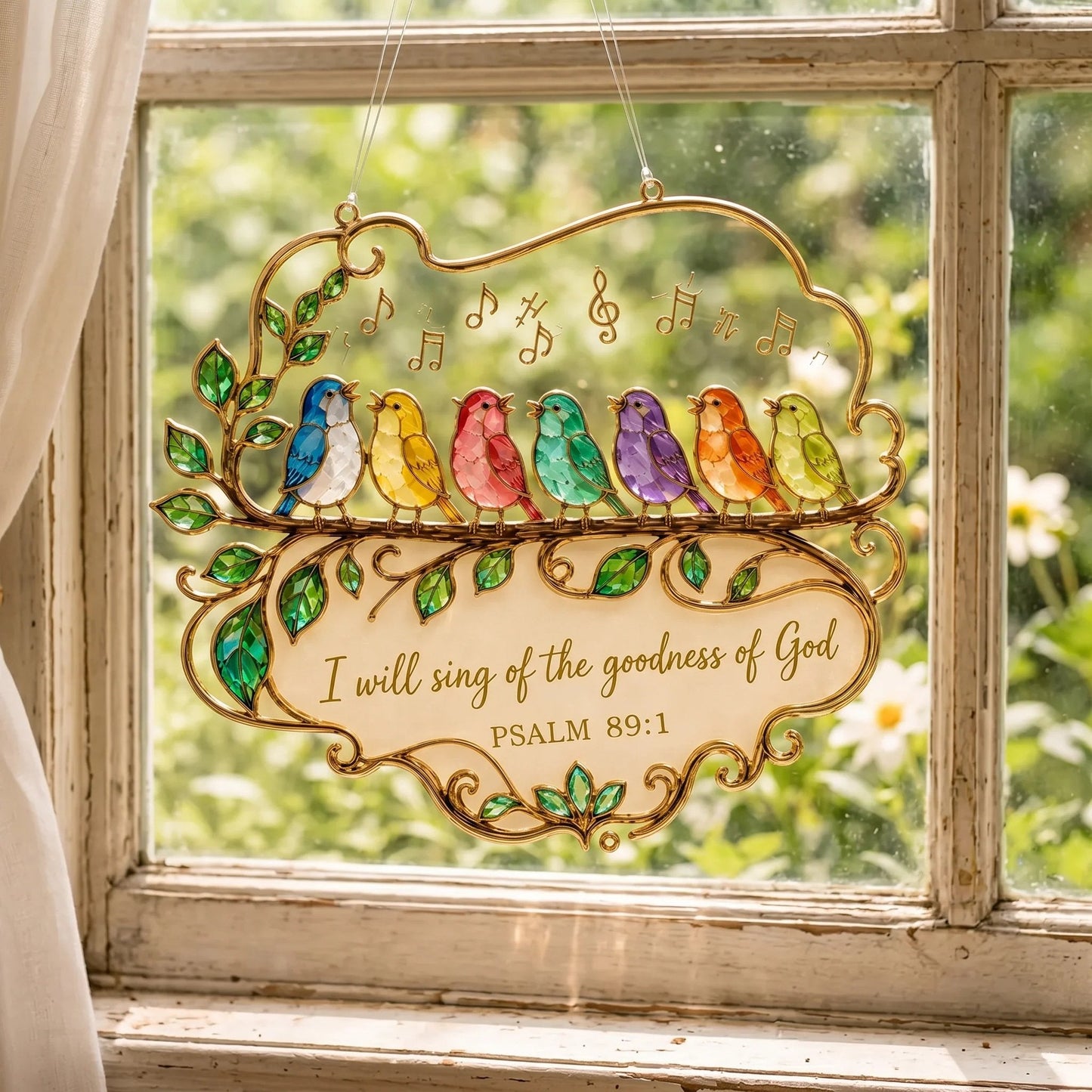 🔥 Last Day 50% OFF 🎵 Psalm 89:1 Songbird Window Suncatcher | Faith Decor with Colorful Birds & Scripture 🕊️✨