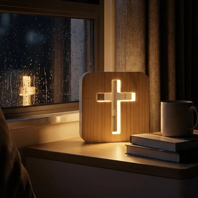 Lumen wooden cross lamp glowing on a nightstand