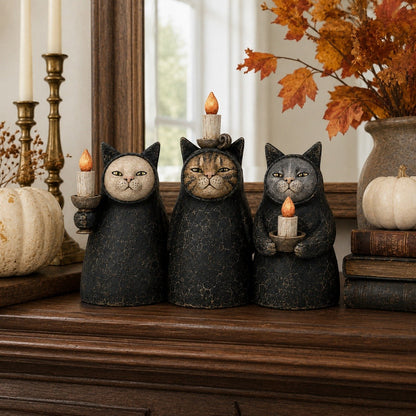 3-Piece Mysterious Hooded Cat Candlelight Figurine