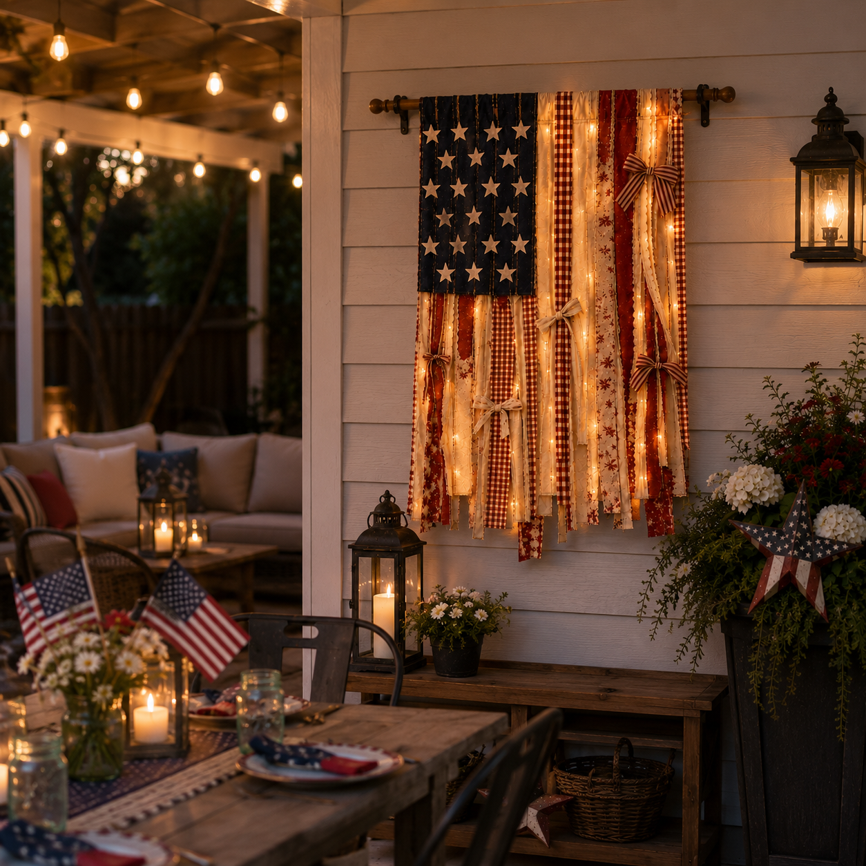 Lighted Rustic American Flag Hanging Banner