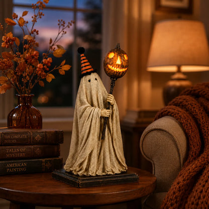 👻 Vintage Lighted Ghost Figurine – Glowing Pumpkin Staff Halloween Decor 🎃
