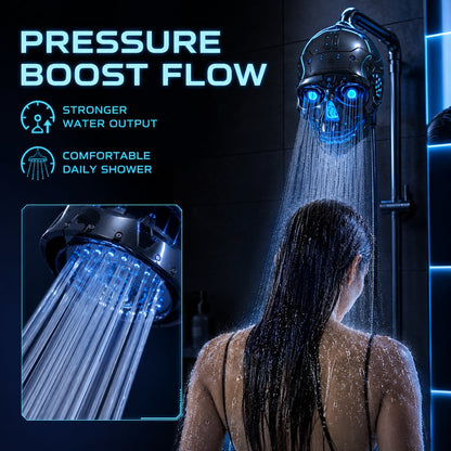 💀 Cyber Mecha Skull Color Changing LED Pressure Boost Shower Head