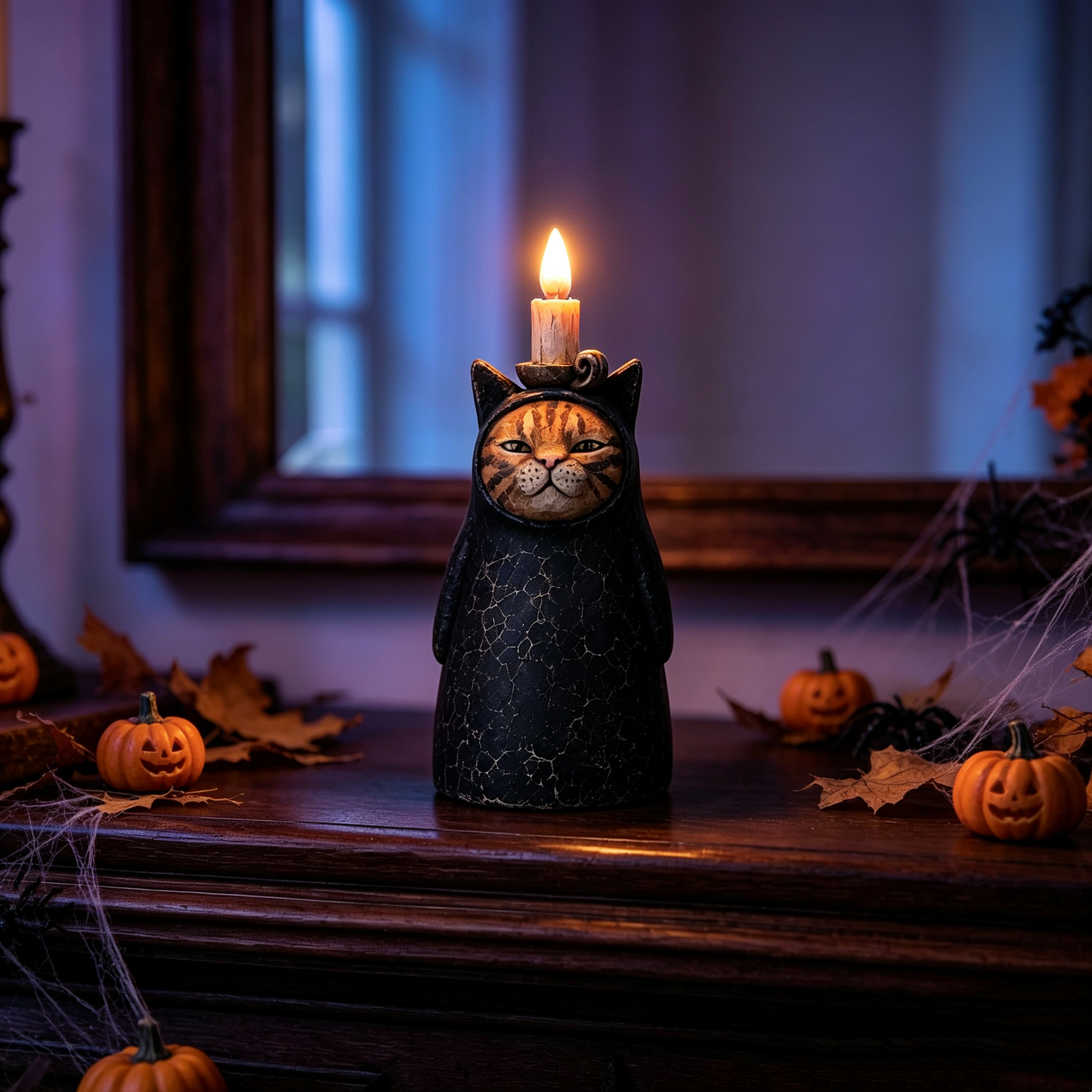 3-Piece Mysterious Hooded Cat Candlelight Figurine