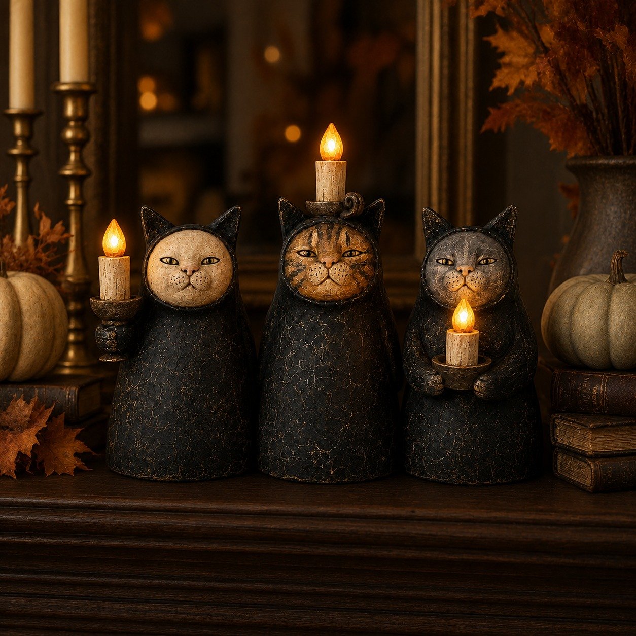 3-Piece Mysterious Hooded Cat Candlelight Figurine