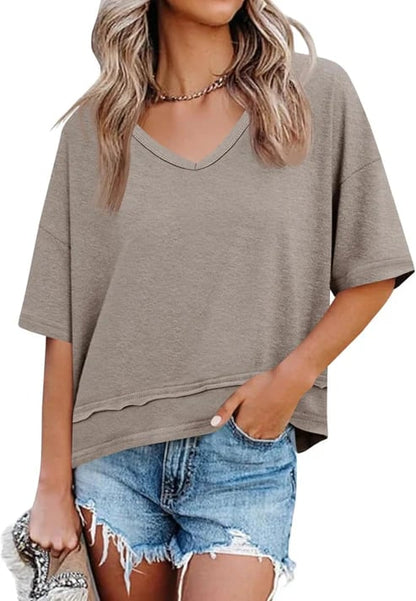 Womens Summer V Neck T Shirts Casual Short Sleeve Flowy Tops Cute Loose Fit Basic Tees Summervibes