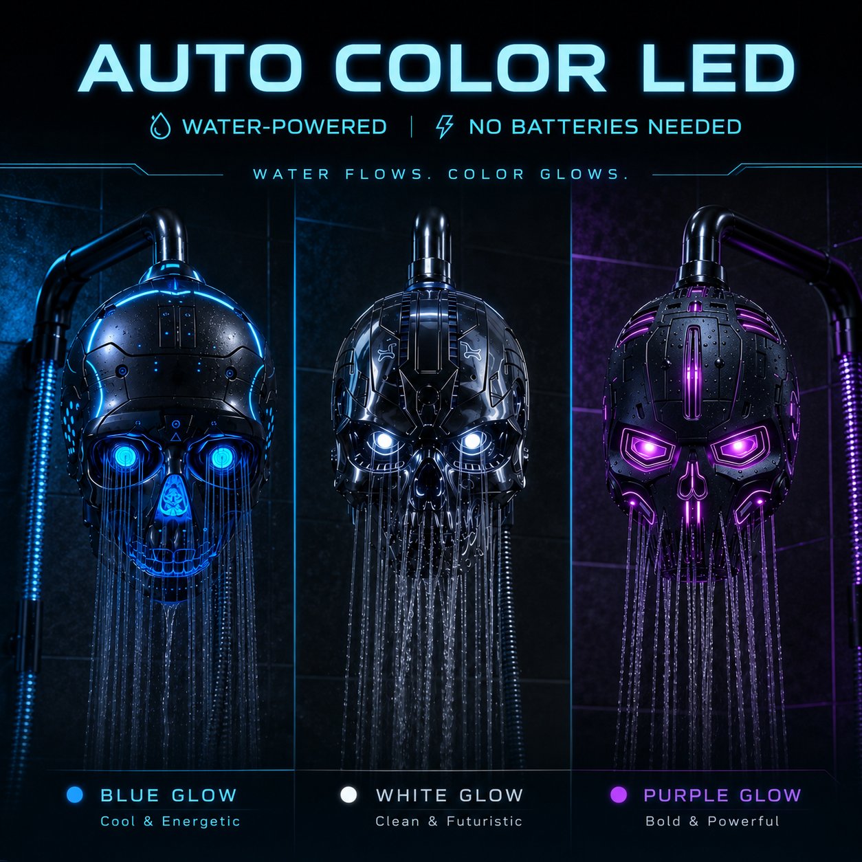 💀 Cyber Mecha Skull Color Changing LED Pressure Boost Shower Head