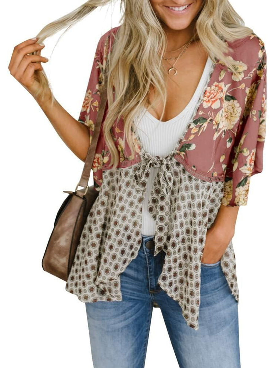 HOT SALE Women's Floral Kimono Ruffle Sleeve Tie Cardigans Flowy Boho Loose Cover Ups