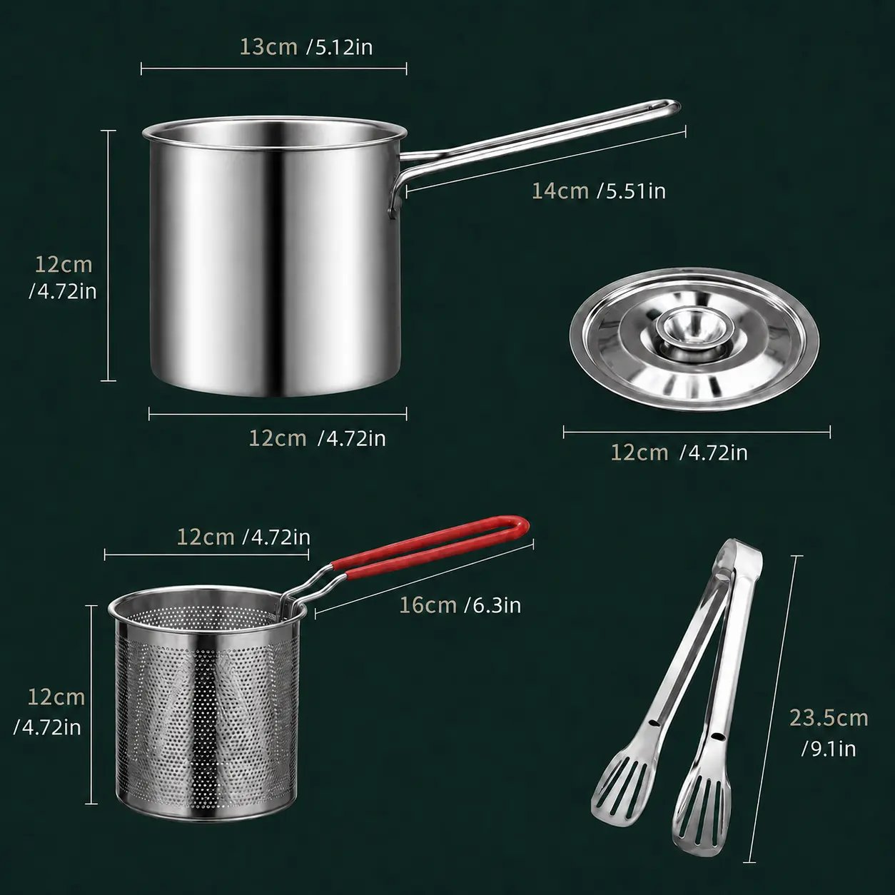 4-piece compact 304 stainless steel deep fryer set (including frying basket and food tongs) — energy-saving, fast, and easy to clean; perfect for family-sized cooking.