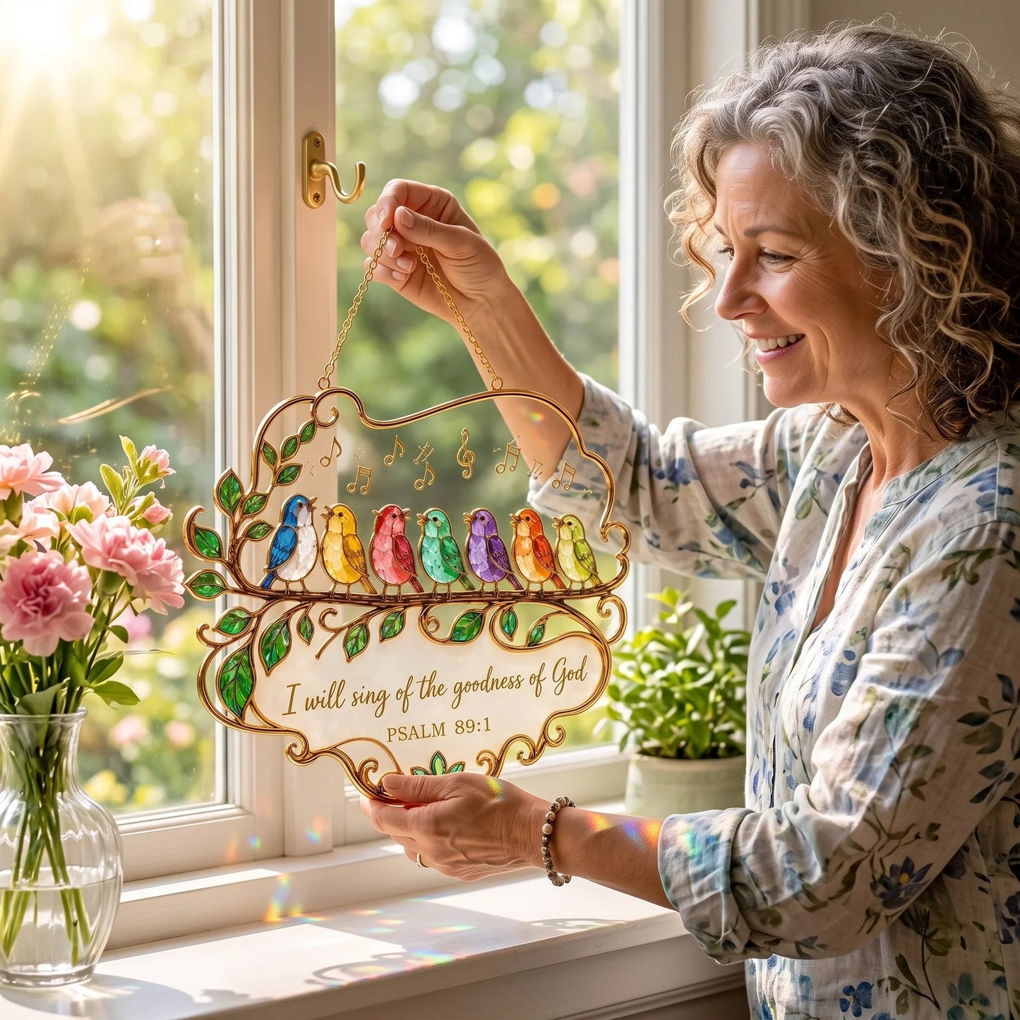 🔥 Last Day 50% OFF 🎵 Psalm 89:1 Songbird Window Suncatcher | Faith Decor with Colorful Birds & Scripture 🕊️✨