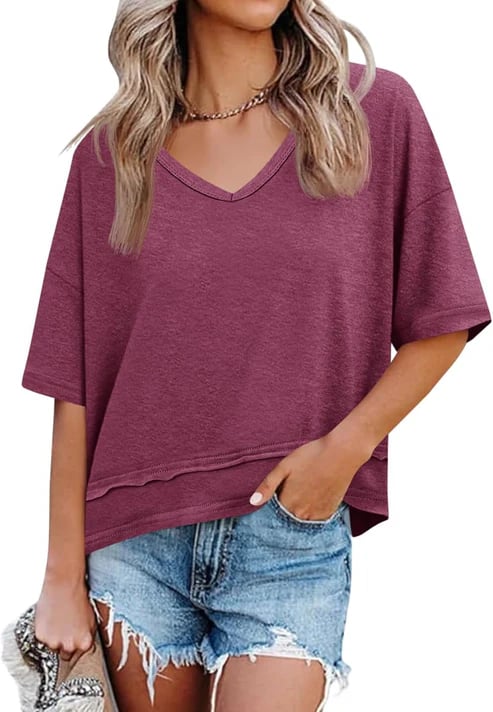 Womens Summer V Neck T Shirts Casual Short Sleeve Flowy Tops Cute Loose Fit Basic Tees Summervibes