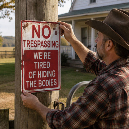 NO TRESPASSING WE'RE TIRED OF HIDING THE BODIES