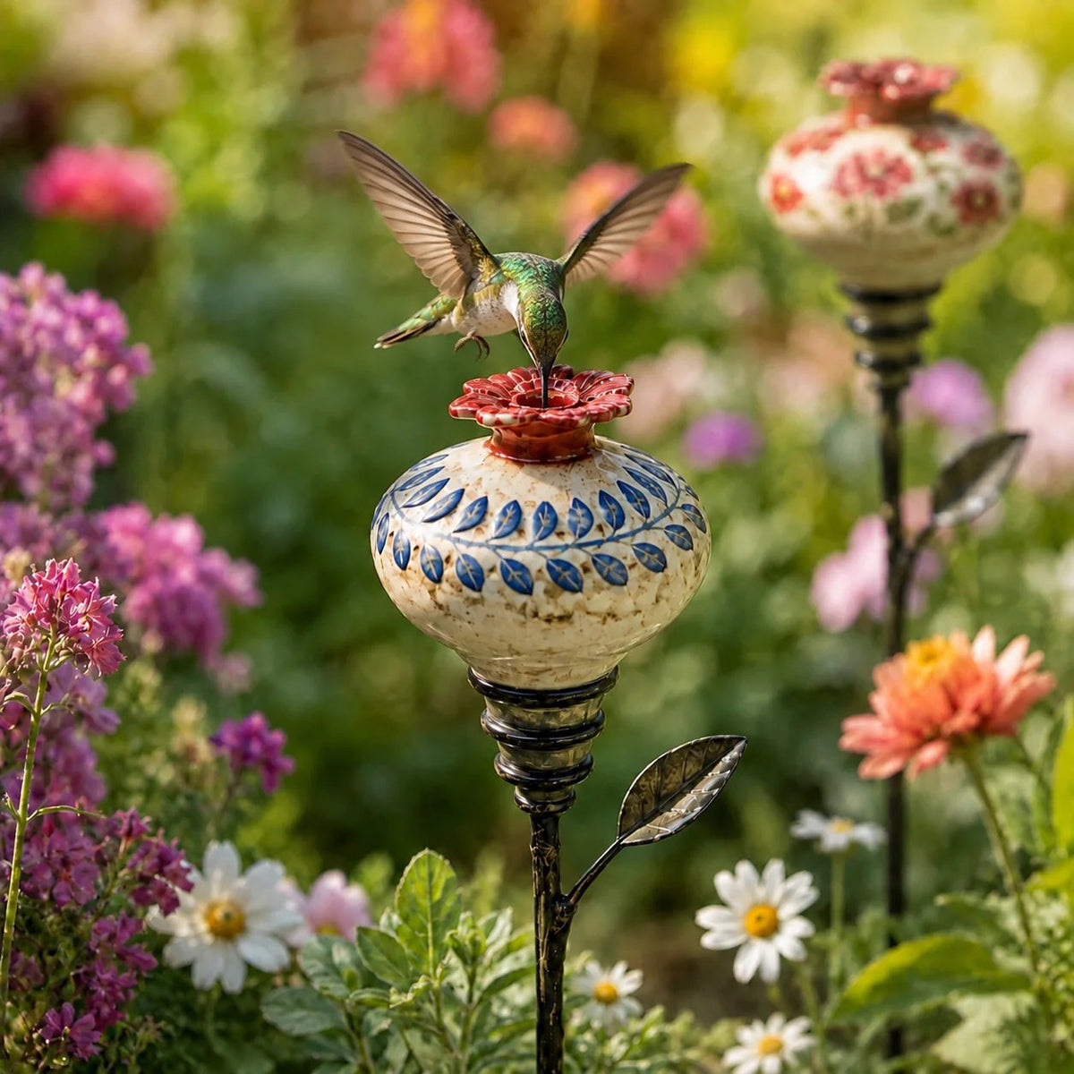 🔥Last Day 50% OFF🌺 Vintage Ceramic Hummingbird Feeder Garden Stake — Handcrafted Floral Bird Feeder Decoration