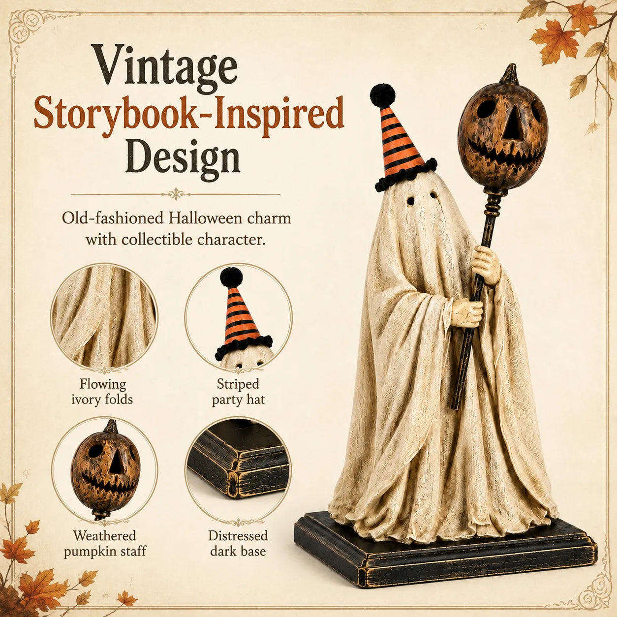👻 Vintage Lighted Ghost Figurine – Glowing Pumpkin Staff Halloween Decor 🎃