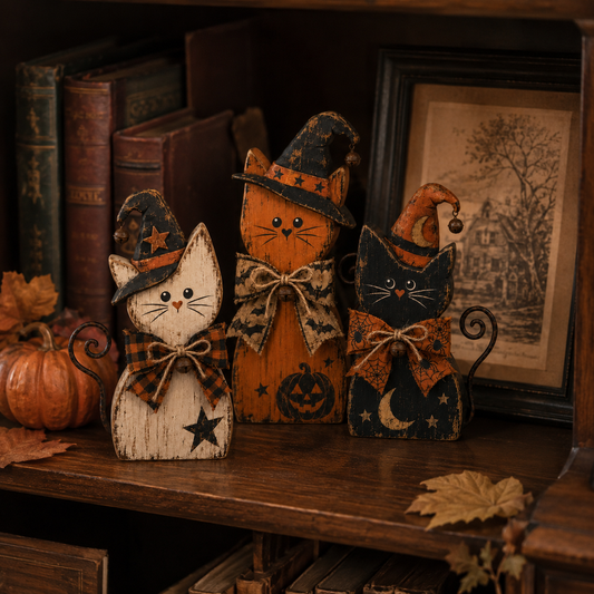 Vintage Halloween Witch Cat Decor Set