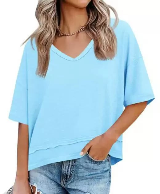 Womens Summer V Neck T Shirts Casual Short Sleeve Flowy Tops Cute Loose Fit Basic Tees Summervibes