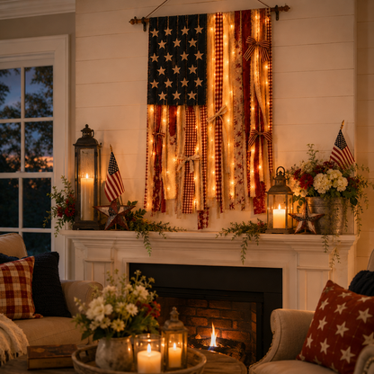Lighted Rustic American Flag Hanging Banner