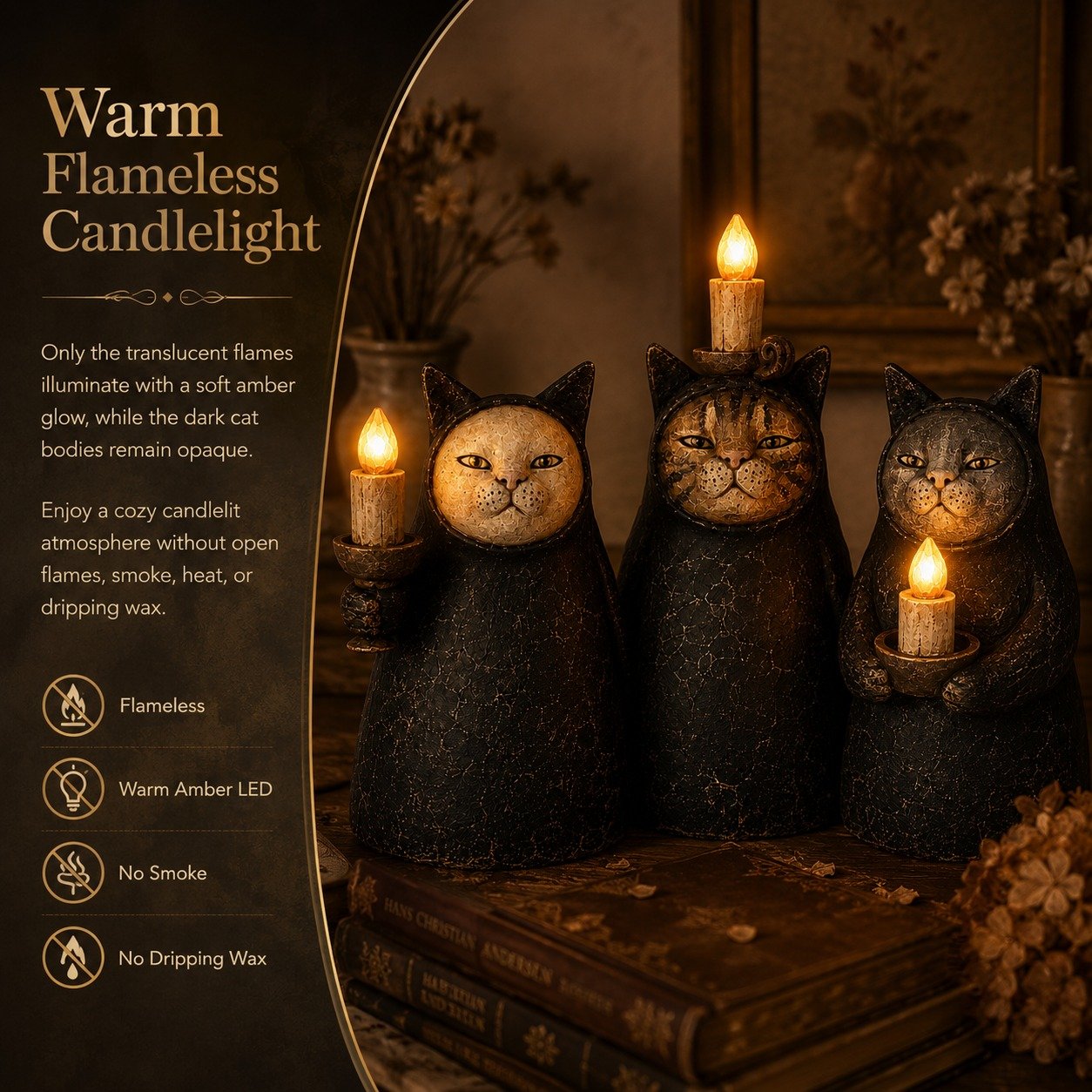 3-Piece Mysterious Hooded Cat Candlelight Figurine