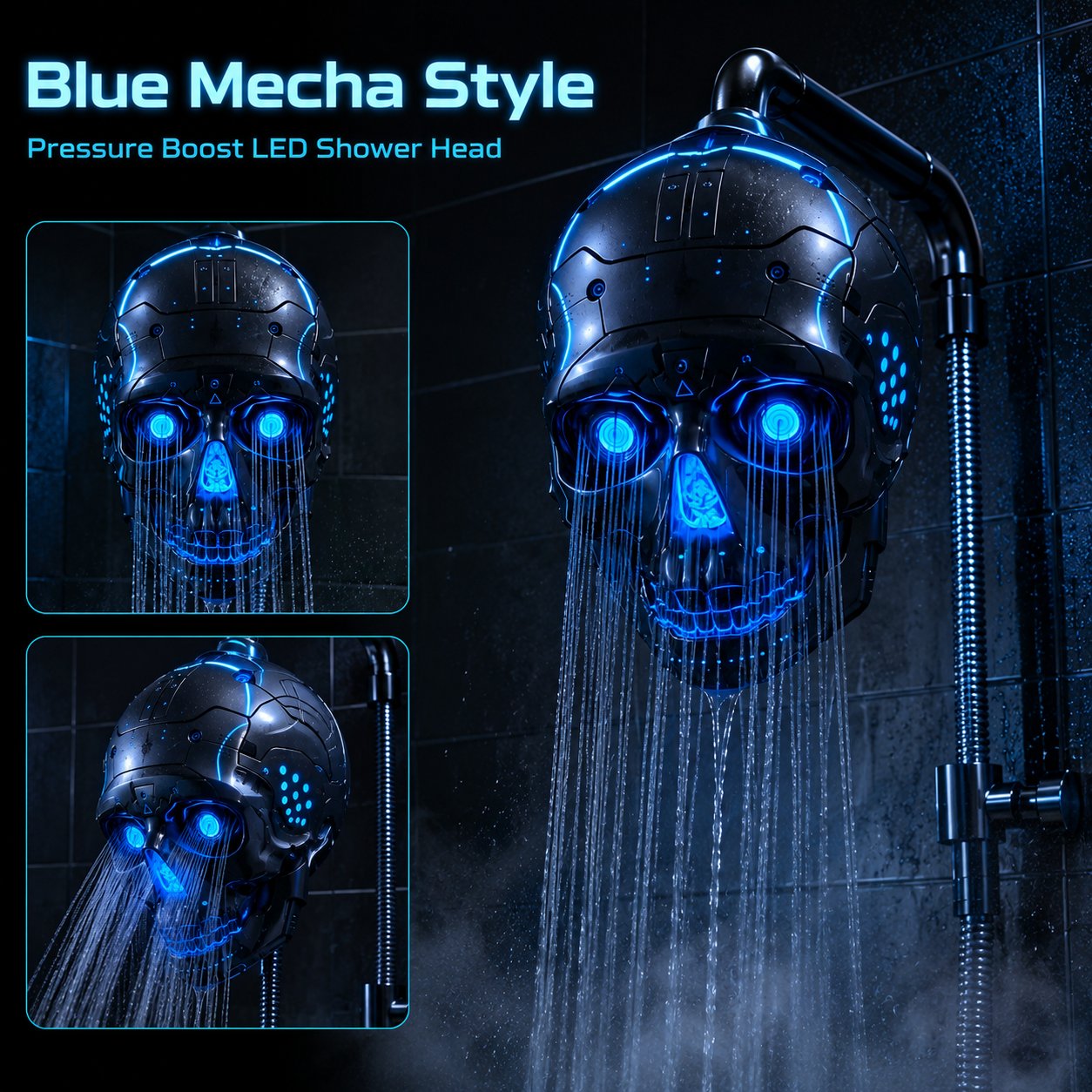 💀 Cyber Mecha Skull Color Changing LED Pressure Boost Shower Head