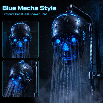 💀 Cyber Mecha Skull Color Changing LED Pressure Boost Shower Head