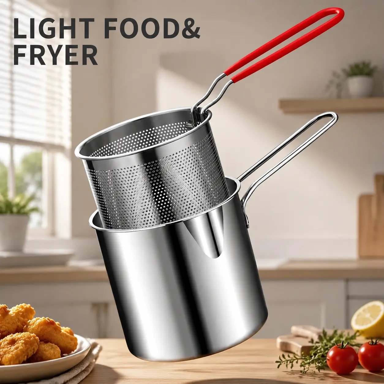 4-piece compact 304 stainless steel deep fryer set (including frying basket and food tongs) — energy-saving, fast, and easy to clean; perfect for family-sized cooking.