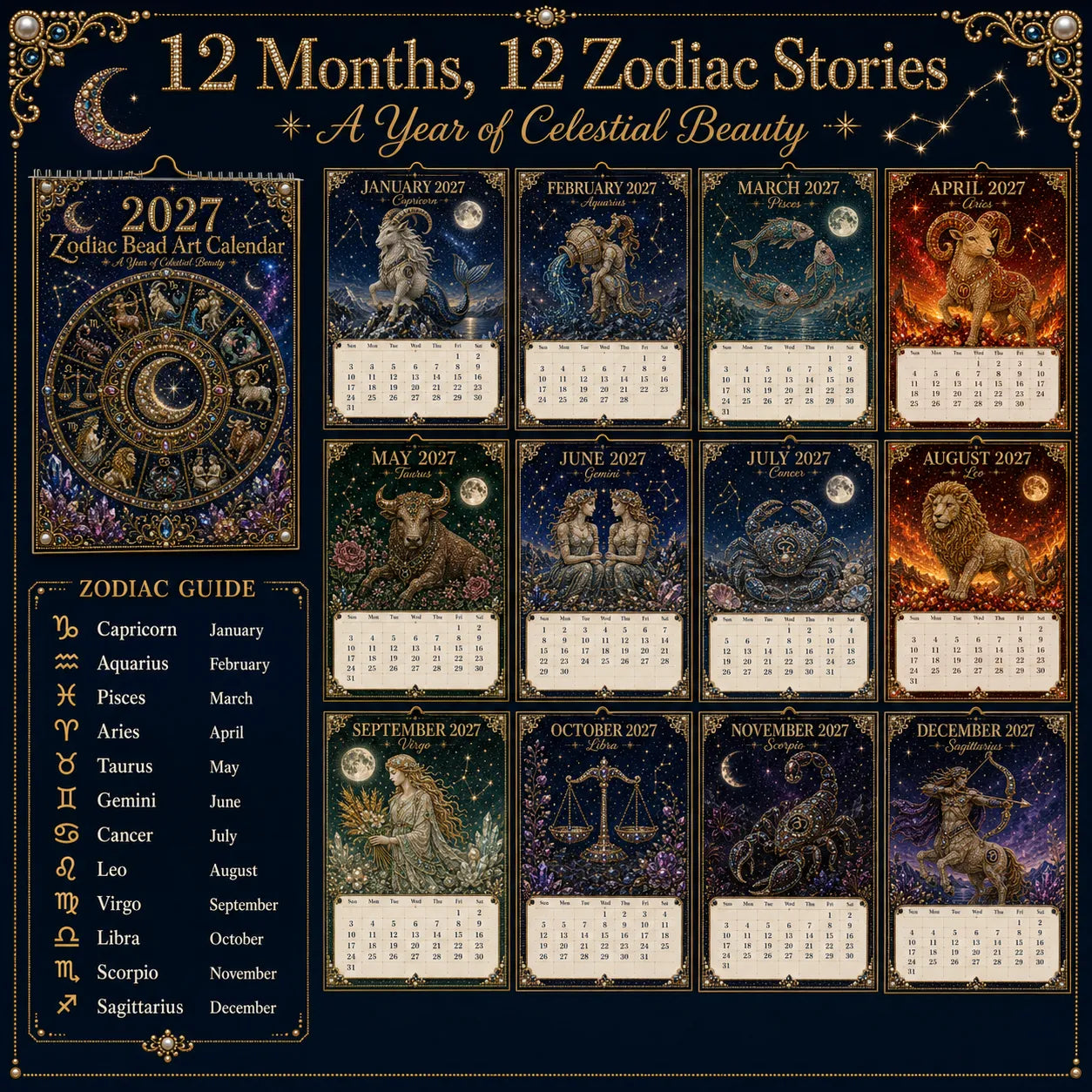 ⏳ Last Day 49% OFF – 🌙 Beginner-Friendly 2027 Twelve Zodiac Bead Art Calendar Kit | Complete Kit with Zodiac Design Base, Decorative Beads & Step-by-Step Guide Included 💕