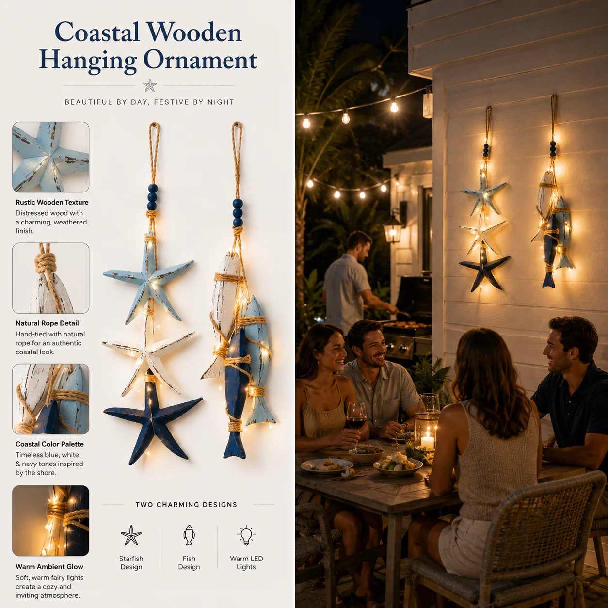 ⭐2026 HOT SALE 40% OFF🐟🌊Lighted Coastal Wooden Starfish & Fish Hanging Decor