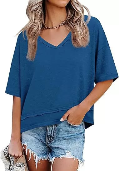 Womens Summer V Neck T Shirts Casual Short Sleeve Flowy Tops Cute Loose Fit Basic Tees Summervibes