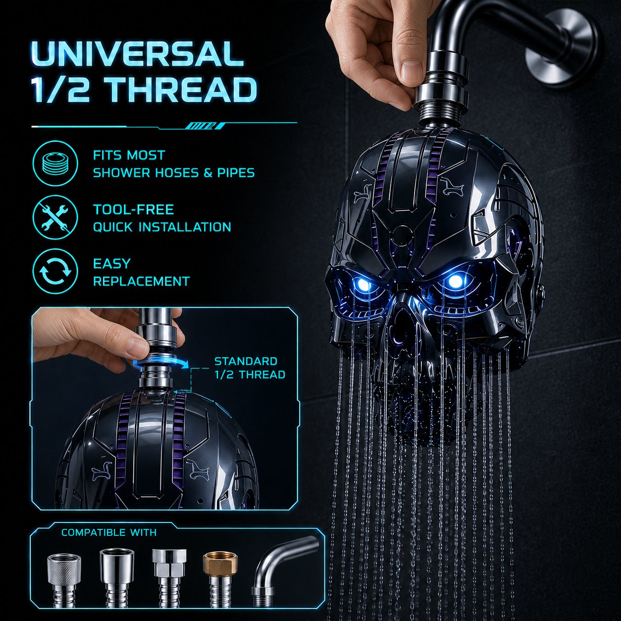 💀 Cyber Mecha Skull Color Changing LED Pressure Boost Shower Head