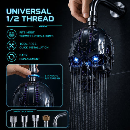 💀 Cyber Mecha Skull Color Changing LED Pressure Boost Shower Head