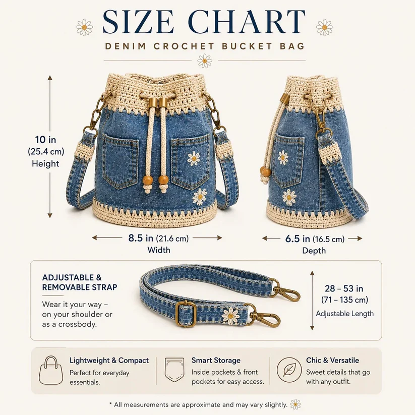 💥SAVE 50%👖 Denim Crochet Drawstring Bucket Bag, Vintage Daisy Crossbody Shoulder Bag For Women