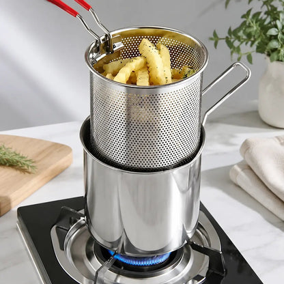 4-piece compact 304 stainless steel deep fryer set (including frying basket and food tongs) — energy-saving, fast, and easy to clean; perfect for family-sized cooking.