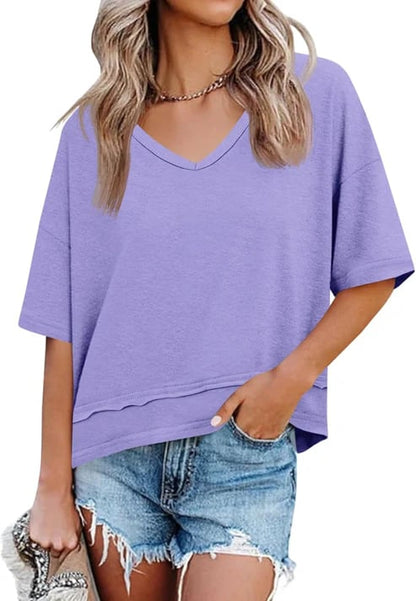 Womens Summer V Neck T Shirts Casual Short Sleeve Flowy Tops Cute Loose Fit Basic Tees Summervibes