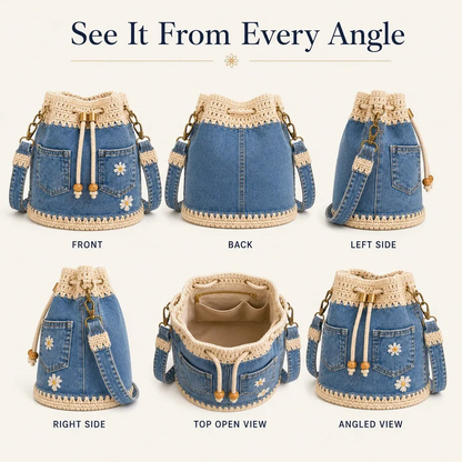 💥SAVE 50%👖 Denim Crochet Drawstring Bucket Bag, Vintage Daisy Crossbody Shoulder Bag For Women