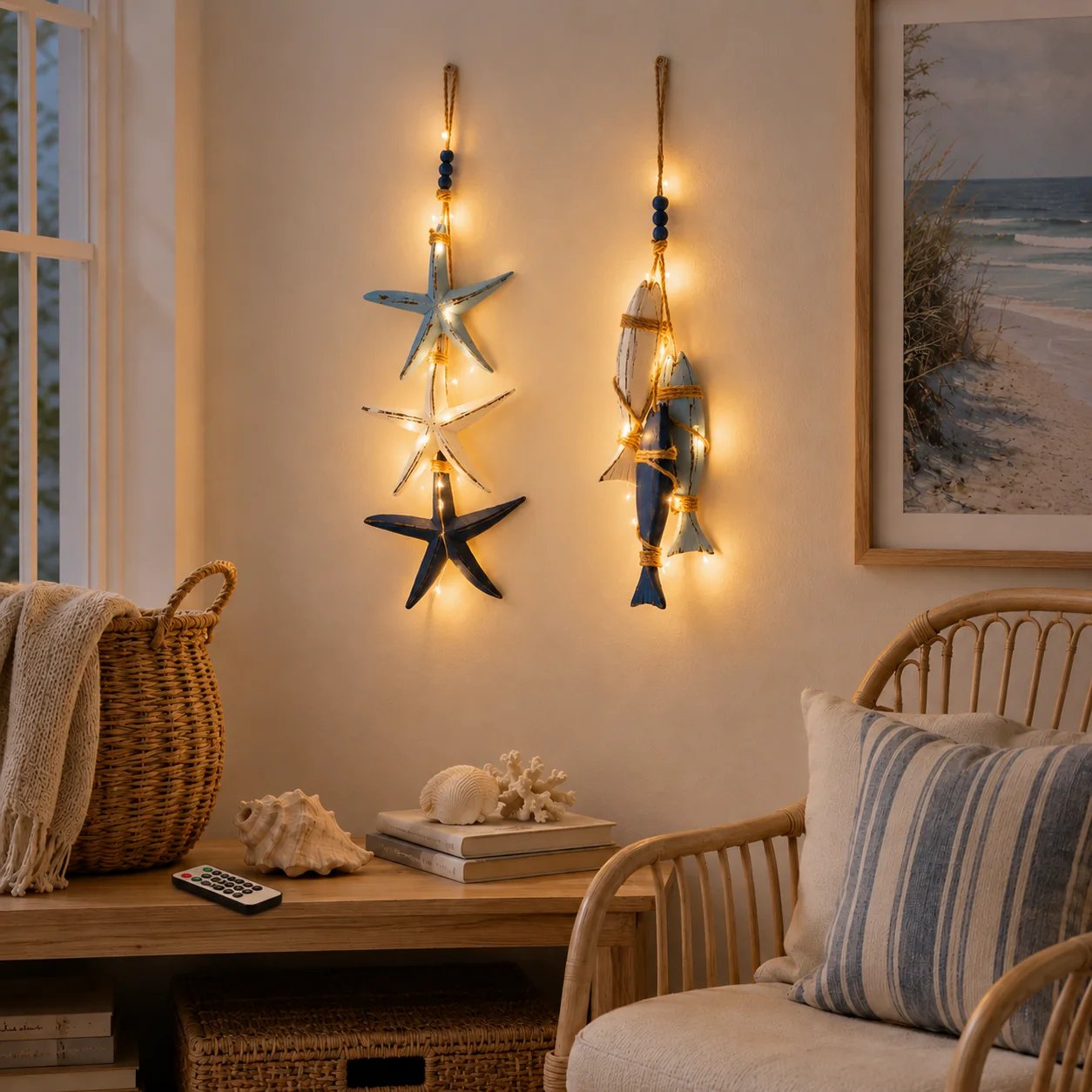 ⭐2026 HOT SALE 40% OFF🐟🌊Lighted Coastal Wooden Starfish & Fish Hanging Decor