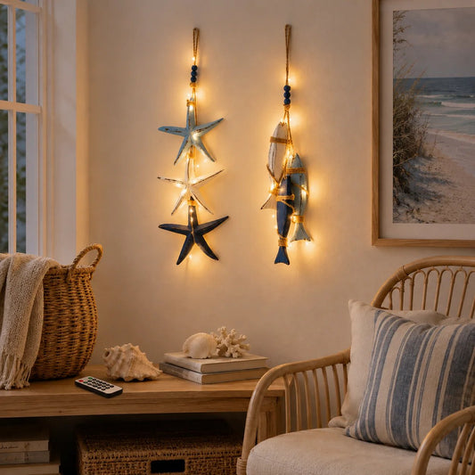 ⭐2026 HOT SALE 40% OFF🐟🌊Lighted Coastal Wooden Starfish & Fish Hanging Decor