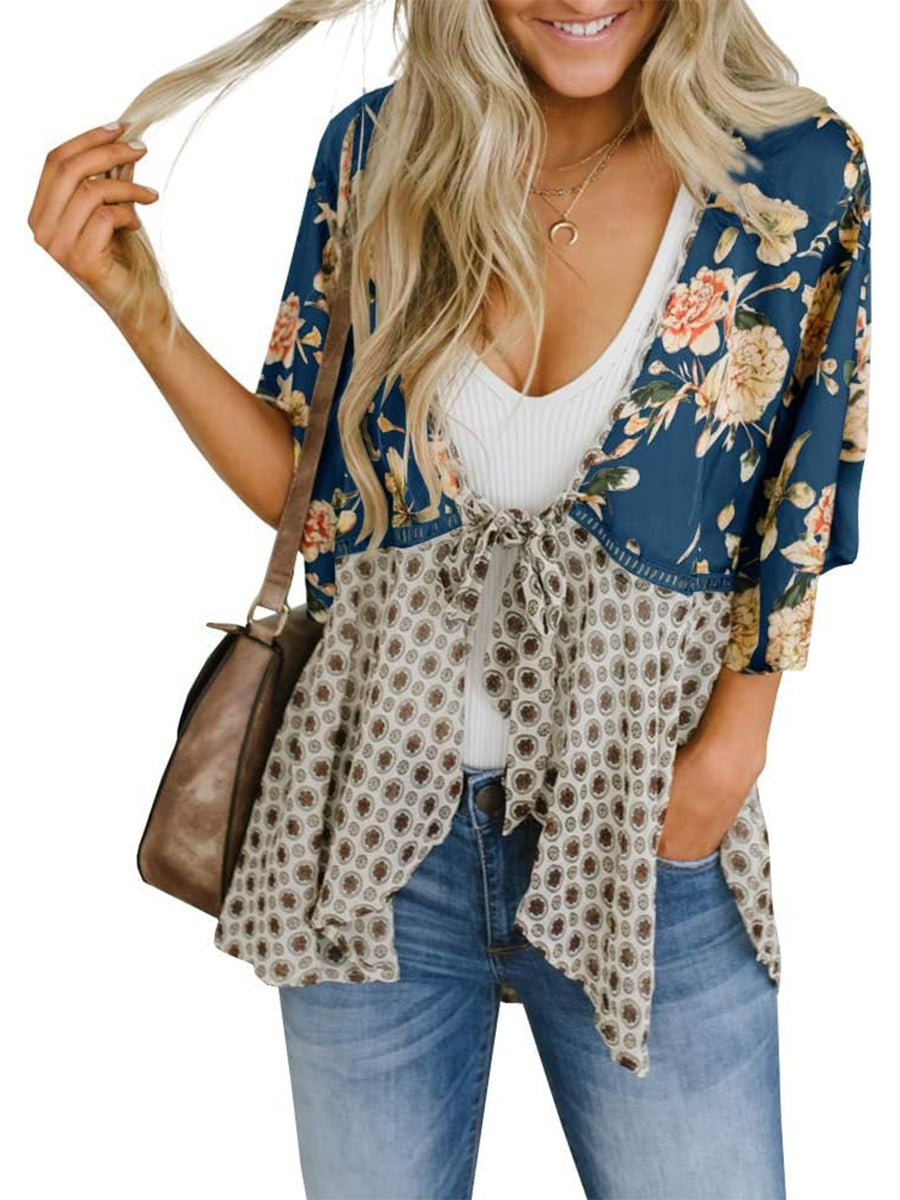 HOT SALE Women's Floral Kimono Ruffle Sleeve Tie Cardigans Flowy Boho Loose Cover Ups