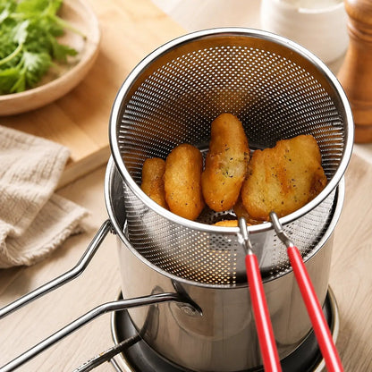 4-piece compact 304 stainless steel deep fryer set (including frying basket and food tongs) — energy-saving, fast, and easy to clean; perfect for family-sized cooking.