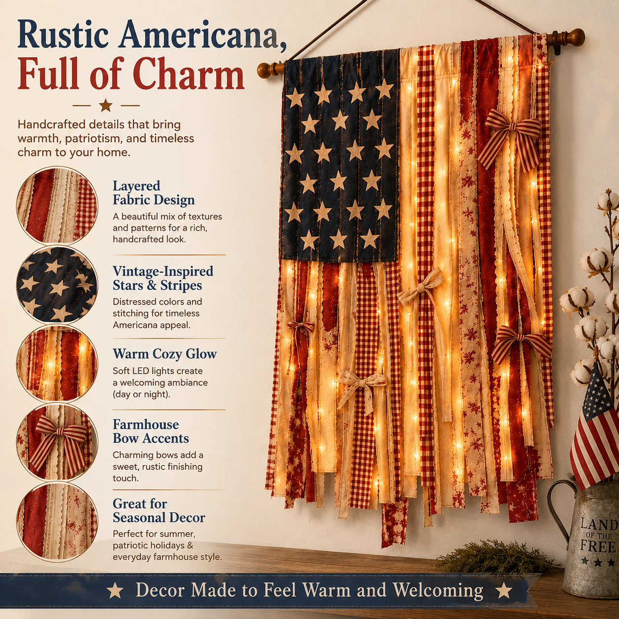 Lighted Rustic American Flag Hanging Banner