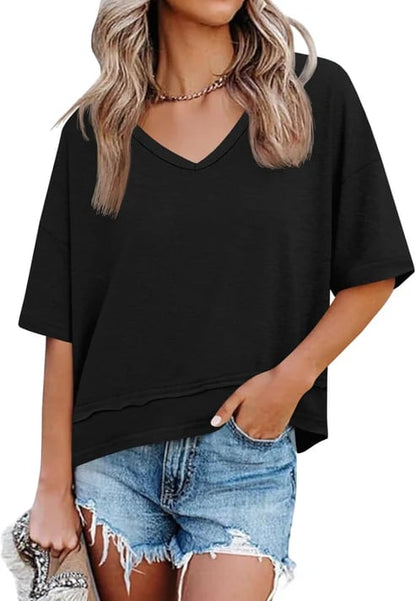 Womens Summer V Neck T Shirts Casual Short Sleeve Flowy Tops Cute Loose Fit Basic Tees Summervibes