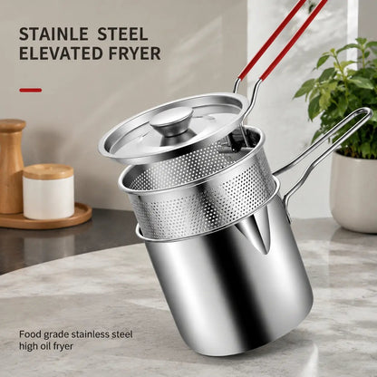 4-piece compact 304 stainless steel deep fryer set (including frying basket and food tongs) — energy-saving, fast, and easy to clean; perfect for family-sized cooking.
