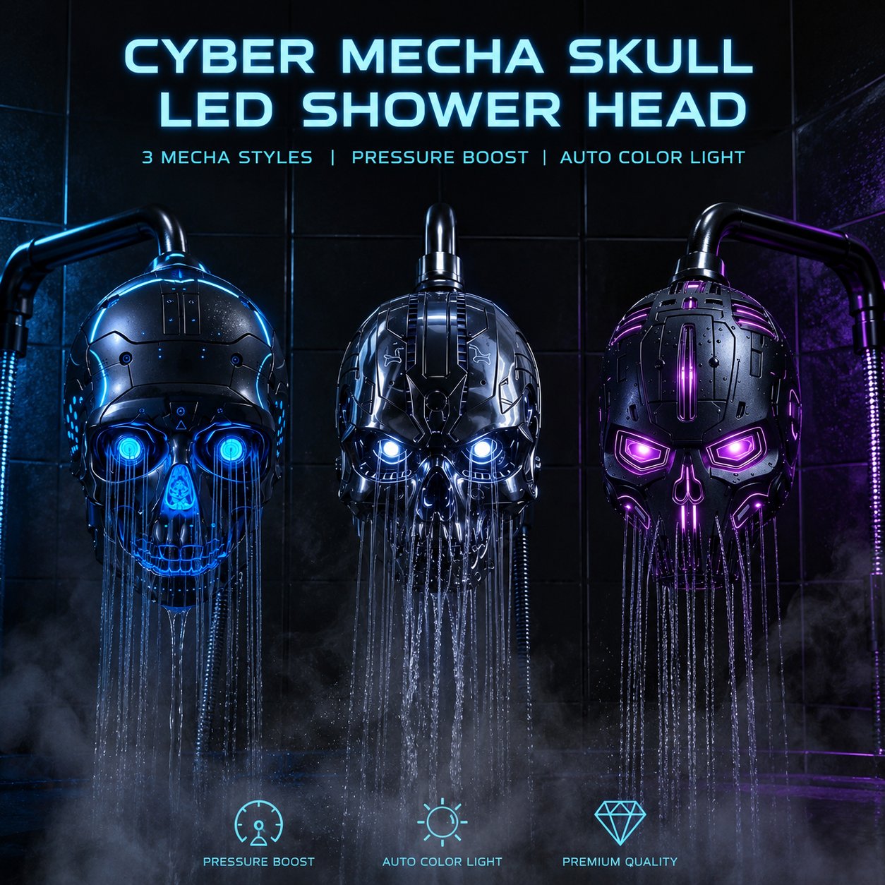 💀 Cyber Mecha Skull Color Changing LED Pressure Boost Shower Head