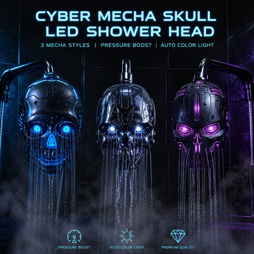 💀 Cyber Mecha Skull Color Changing LED Pressure Boost Shower Head
