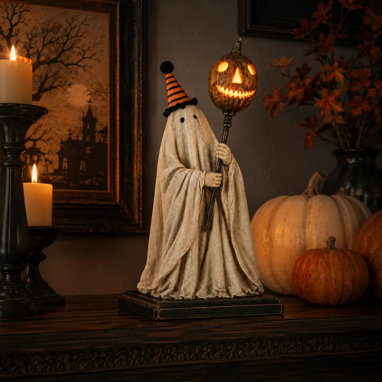 👻 Vintage Lighted Ghost Figurine – Glowing Pumpkin Staff Halloween Decor 🎃