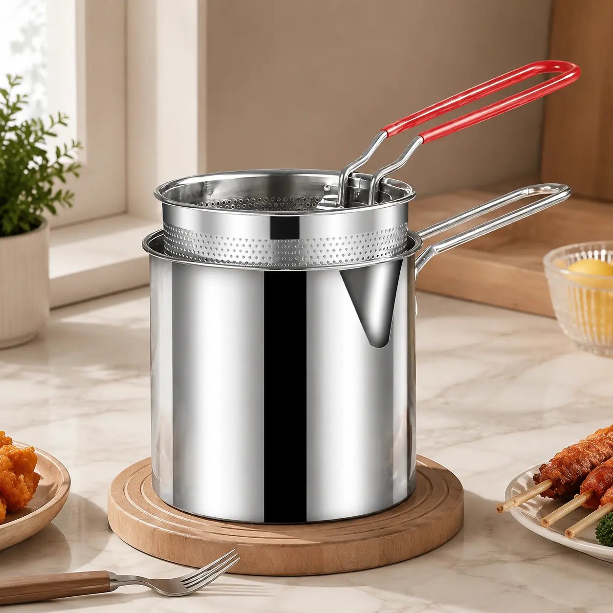 4-piece compact 304 stainless steel deep fryer set (including frying basket and food tongs) — energy-saving, fast, and easy to clean; perfect for family-sized cooking.