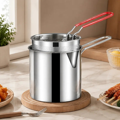 4-piece compact 304 stainless steel deep fryer set (including frying basket and food tongs) — energy-saving, fast, and easy to clean; perfect for family-sized cooking.