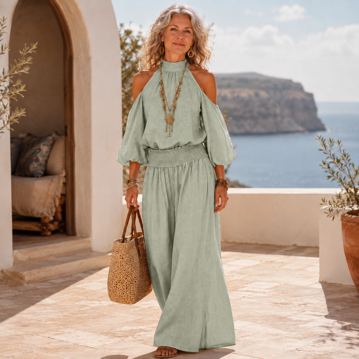🩵 Halter Cold-Shoulder Two-Piece Vacation Set