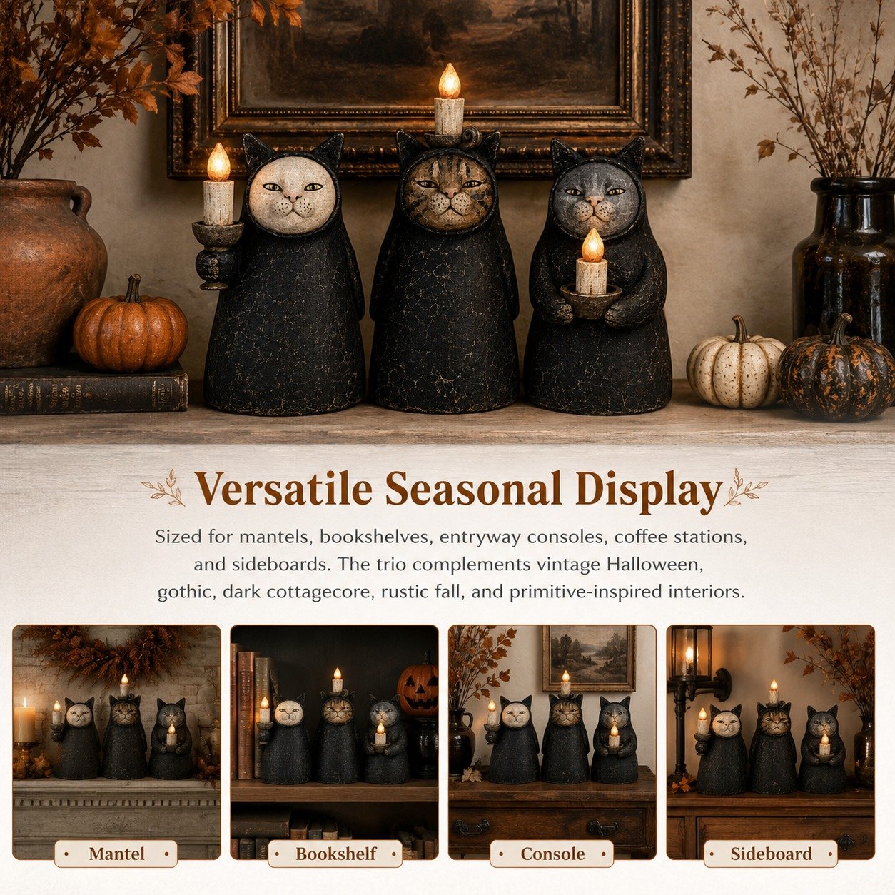 3-Piece Mysterious Hooded Cat Candlelight Figurine