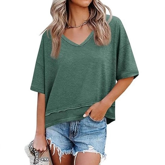 Womens Summer V Neck T Shirts Casual Short Sleeve Flowy Tops Cute Loose Fit Basic Tees Summervibes