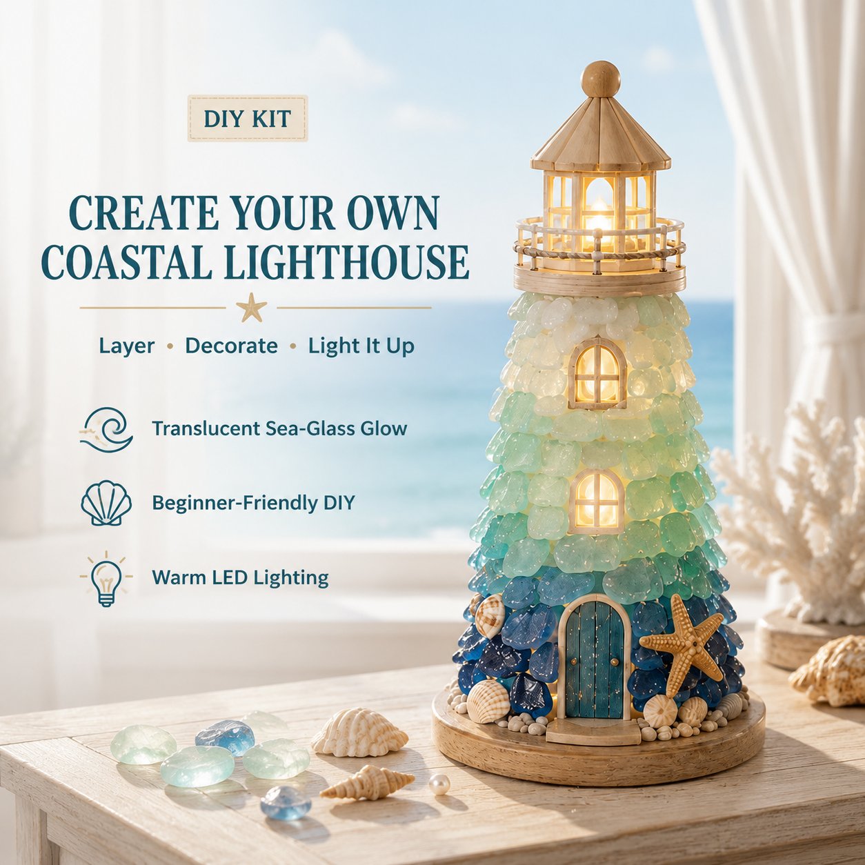 ⏳ Last Day 49% OFF – 🌊 Beginner-Friendly DIY Lighted Sea Glass-Style Lighthouse Kit Collection 💕