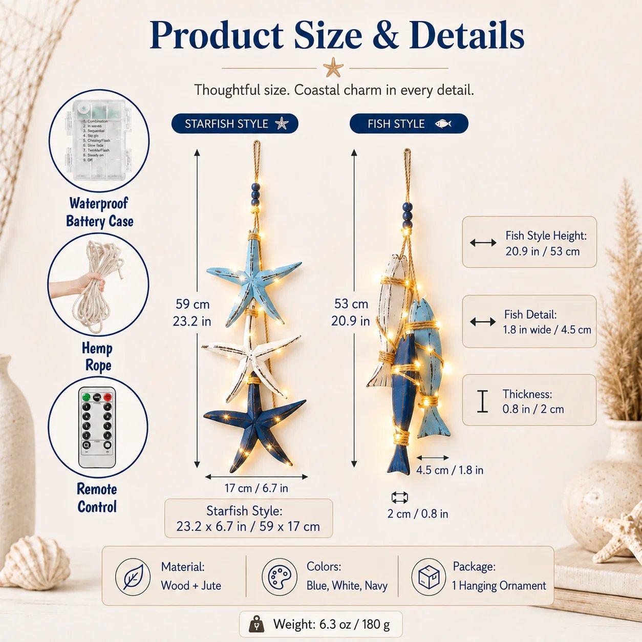 ⭐2026 HOT SALE 40% OFF🐟🌊Lighted Coastal Wooden Starfish & Fish Hanging Decor